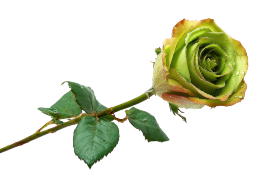 Close-up of a single vibrant lime green rose,  edged with amber tones, on a dark background.  Delicate leaves and a stem are visible