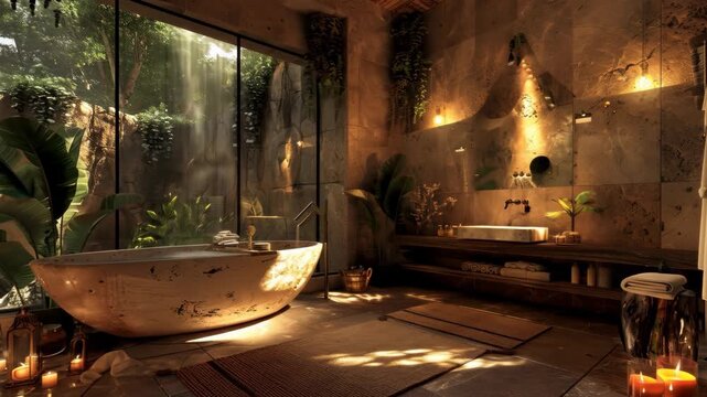 Luxurious, nature-inspired bathroom with a freestanding tub, overlooking a lush waterfall