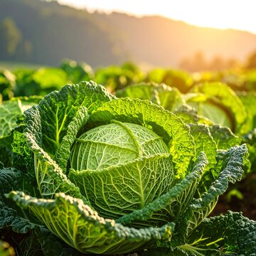 A vibrant green savoy cabbage in a sunlit field