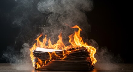 Burning Debt Documents - Stack of papers engulfed in flames, symbolizing debt, financial ruin, loss, destruction, and crisis. Dark background enhances the dramatic effect