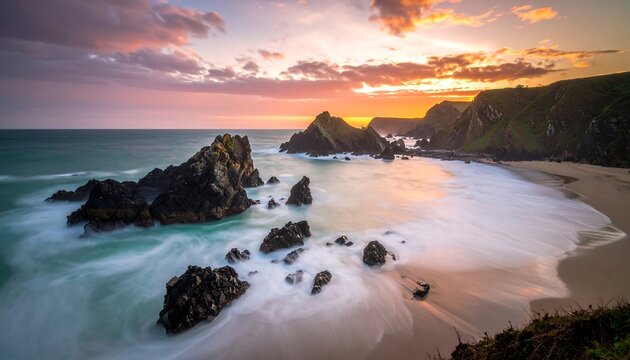 Dramatic sunset over rocky coast