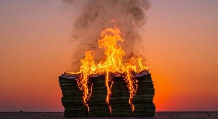 Burning Money at Sunset - Stacks of money engulfed in flames against a vibrant sunset backdrop. A powerful symbolizing loss, waste, or financial ruin