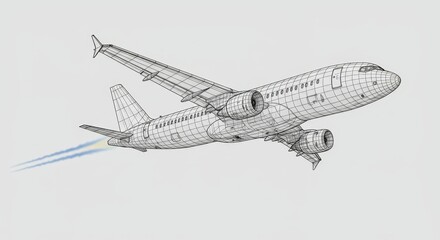 CAD Wireframe Airplane Flight Model Design - Air travel, speed, technology, engineering, transportation; symbolizing efficient flight, modern design, and global connectivity