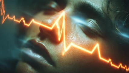 The complex neuroscience of sleep paralysis episodes is highlighted by a medium-length, sharp image of a sleeper's serene face surrounded by hazy, black figures lit by floating REM wave diagrams.