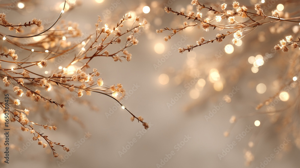 Aufkleber soft focus image of delicate branches adorned with small lights on a beige backdrop