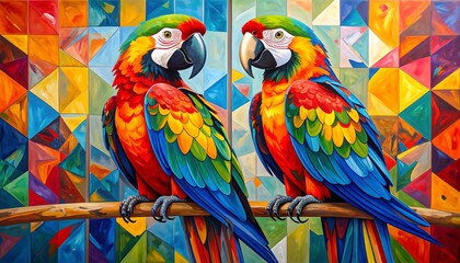 Colorful parrots on vibrant geometric background
