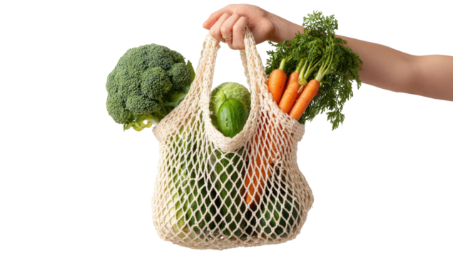 A hand holds a mesh bag filled with fresh produce