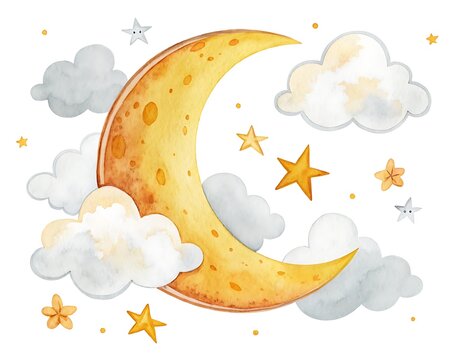 Whimsical watercolor illustration of a glowing crescent moon surrounded by fluffy clouds and twinkling stars on a white background