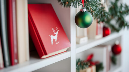 Red book with reindeer design on a shelf decorated with Christmas ornaments and pine branches