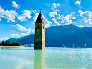 Graun im Vinschgau, Curon Venosta, South Tirol, Italy, the beautiful Resia Lake ( Lago di Resia )...