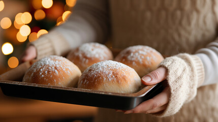 Hands in Oven Mitts Pull a Tray of Golden Dinner Rolls From a Warm Oven in a Festive Autumn Kitchen Setting for Thanksgiving
