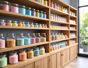 Pastel Candy Shop Shelves: A Delightful Display of Colorful Treats