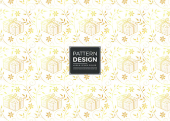 Elegant Golden Pattern Design Featuring Gift Boxes Flowers and Swirling Vines on a White Backdrop