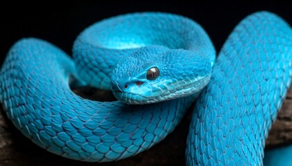 Fototapeta premium Striking close-up of a vivid blue viper snake coiled elegantly against a dark backdrop