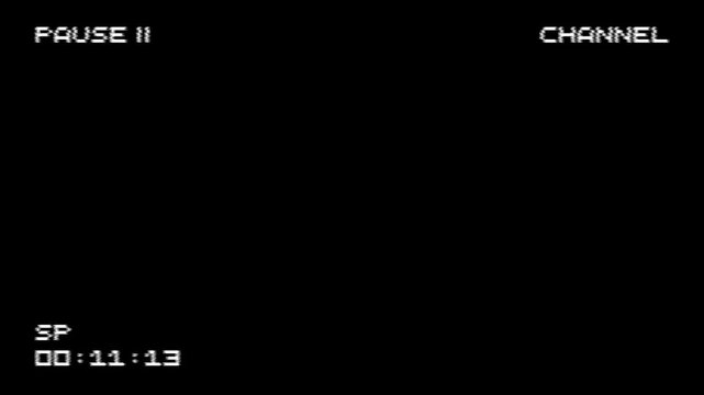 VCR Pause button interface overlay. VHS defects, artefact and noise. Glitches of old damaged tape cassettes. Static TV noise. Overlay Screen mode footage. Alpha Screen. 4K Video Animation