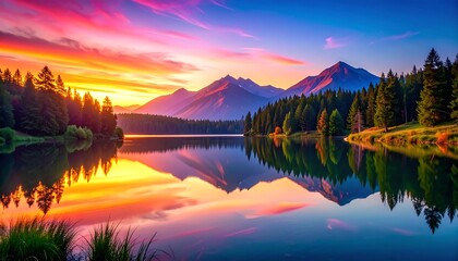 Colorful Sunset Lake Mountain Reflection.