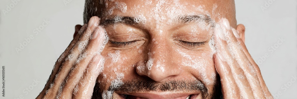 Aufkleber man enjoying a refreshing facial cleanse while smiling in a relaxed setting during the daytime