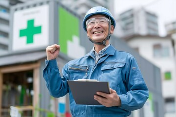 Smiling construction worker in blue uniform celebrates success with a clipboard in hand.