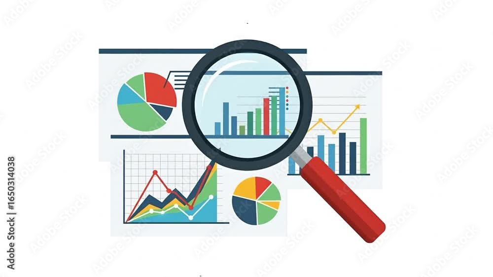 Poster analyzing business data: a close-up view of graphs and charts under magnifying glass, representing f