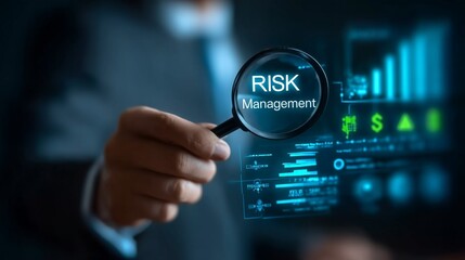 Businessman Analyzing Risk Management Through Magnifying Glass in Data-Driven Environment