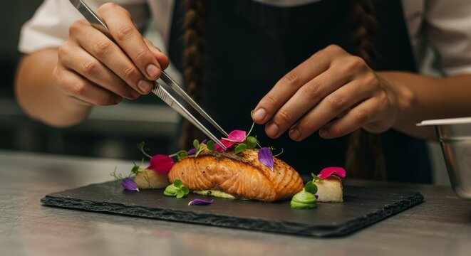 Gourmet Salmon Dish Plating with Edible Flowers - Elegant food styling, chef plating salmon, culinary artistry, gourmet presentation, edible flower garnish.