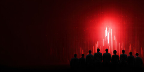 Silhouettes of people facing a bright red light with vertical lines, evoking a sense of intrigue and anticipation in a dark environment.