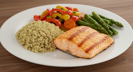 Grilled Salmon Quinoa Asparagus and Vegetables Plate - Healthy meal, grilled salmon, quinoa, asparagus, bell peppers, carrots, balanced nutrition, delicious recipe