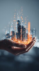 Floating finance data, futuristic city skyline hovering over a tech-style business hand