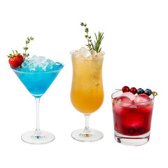 Three colorful cocktails with ice and garnishes on a white background
