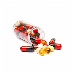 Assorted pills spilling from a clear bottle