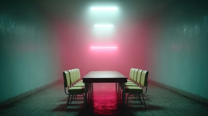 Neon-Lit Futuristic Dining Room with Pastel Chairs and Atmospheric Glow