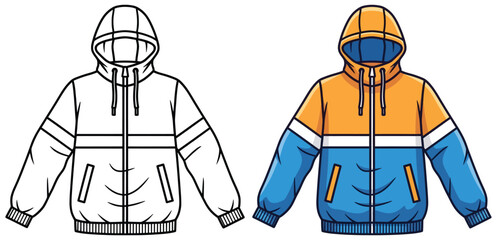 Hooded jacket vector illustration featuring side by side black and white outline and fully colored version in flat cartoon style for kids design projects © Crafter