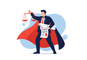 Man dressed as a superhero holding scales of justice and scrolls of law