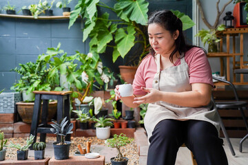 Asian woman taking care of potted plants on balcony, watering, fertilizing, and gardening with...