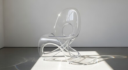 Transparent sculptural chair capturing light and form against a minimalist backdrop artistic