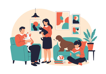 Obraz premium Happy family enjoying leisure time with pets indoors