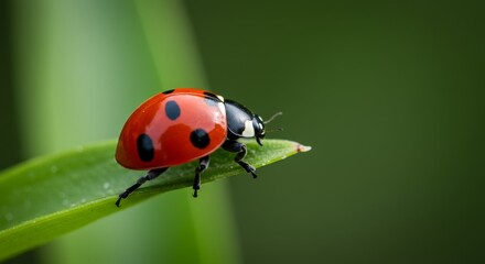 Obraz premium Ladybug on a Green Leaf - A vibrant red ladybug with black spots rests on a lush green leaf, symbolizing nature, luck, good fortune, spring, and new beginnings