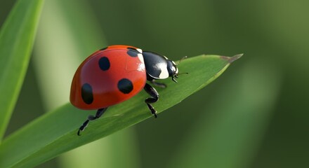 Fototapeta premium Ladybug on a Green Leaf - A vibrant red ladybug with black spots rests on a fresh green leaf. Symbolizing luck, nature, spring, new beginnings, and delicate beauty