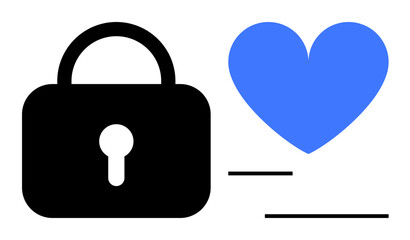 Black lock with circular keyhole next to a blue heart. Ideal for themes thumbs up security, love, privacy, care, safety, relationships, or a simple landing page