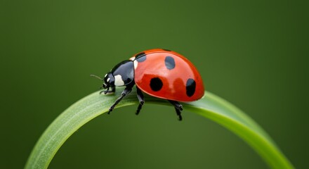 Fototapeta premium Ladybug on Green Blade of Grass - Close-up of a ladybug crawling on a vibrant green blade of grass against a blurred green background