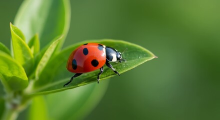 Ladybug on Green Leaf - Close-up of a ladybug on a vibrant green leaf, perfect for nature and insect themed projects
