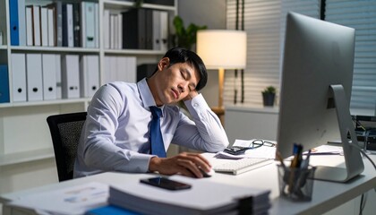 残業で仕事中に眠る日本人ビジネスマン　generative ai