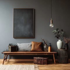 Elegant comosition of masculine room decor with wooden bench, mockup painting and vintage accessories.