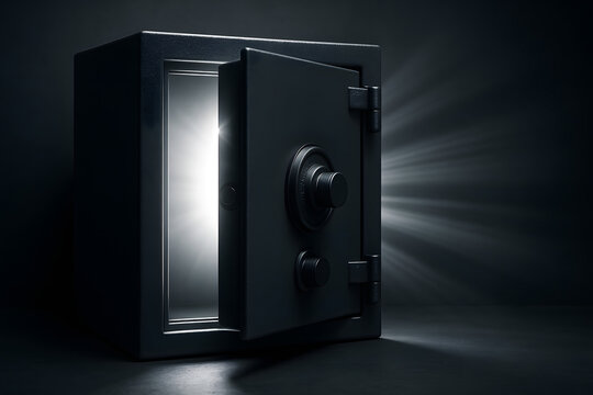 Open security safe vault with bright light inside, metal strongbox protection concept. Secure banking storage container, digital wealth protection, confidential valuables security isolated on dark bac