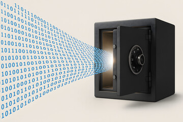 Digital data flowing into safe isolated on beige background, cybersecurity protection concept secure storage encryption technology information security vault network privacy banking system protection 