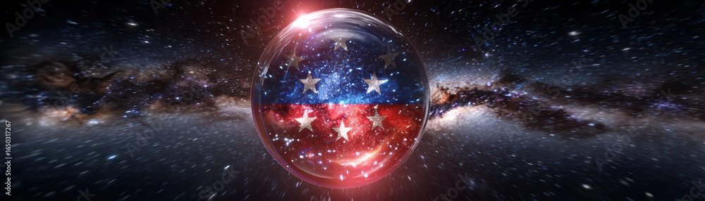 Poster a vibrant cosmic sphere features a starry pattern with a flag motif, set against a mesmerizing galax