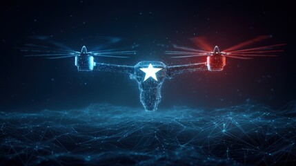 A futuristic drone design with blue and red lights, featuring a star emblem, set against a dark, digital-themed background, the US state flag