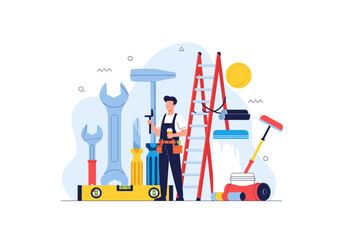 Skilled handyman with tools and equipment for home repair and maintenance services