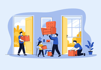 Family moving furniture and boxes into new home together