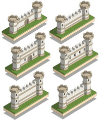 A set of fortress walls with towers. Isometric. Isolated on white background. Vector illustration. 